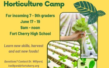 A flyer for horticulture camp with images of foods grown in hydroponic farms