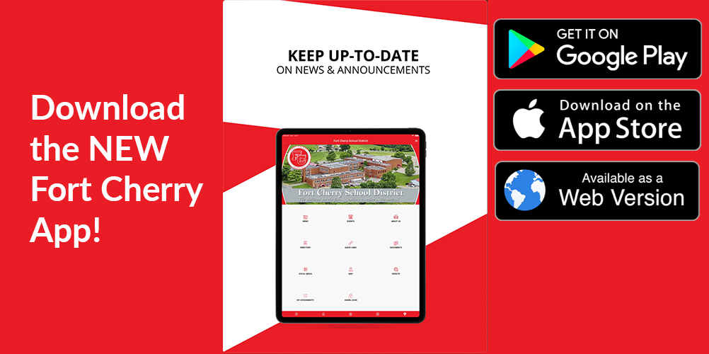 Fort Cherry App Graphic with tablet and logos for download. Click for more information.