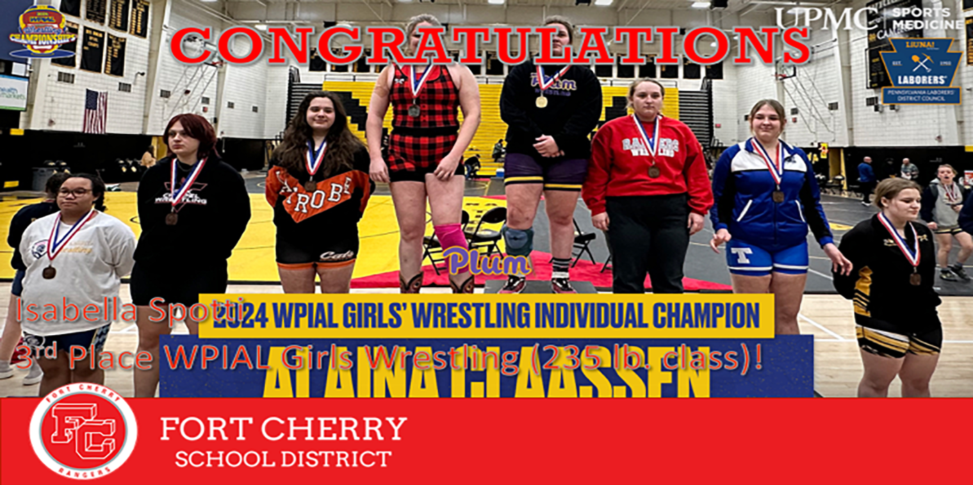 Picture of WPIAL girls wrestling winner podium with Isabella Spotti in 3rd Place