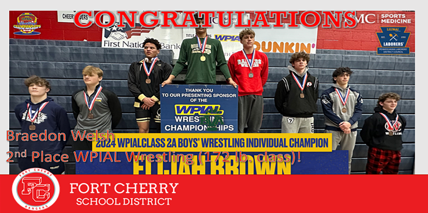 Picture of WPIAL wrestling winner podium with Braedon Welsh in 2nd Place